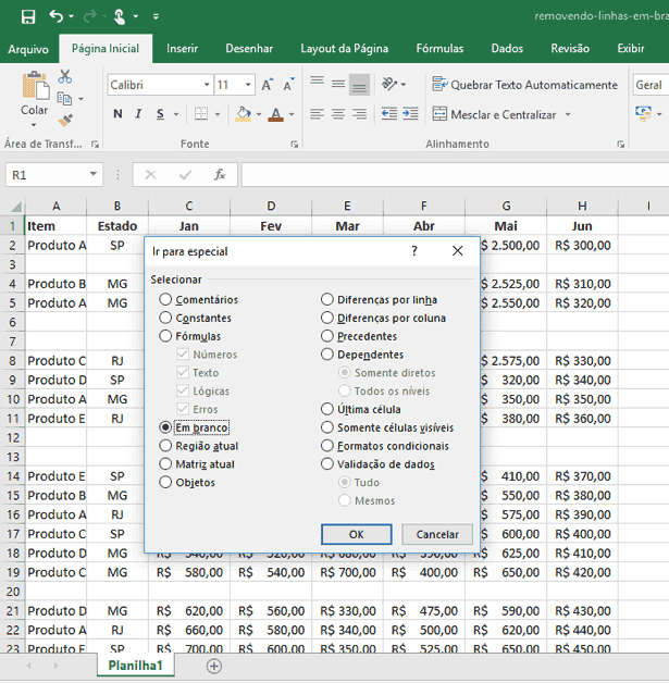 Removendo linhas em branco no Excel