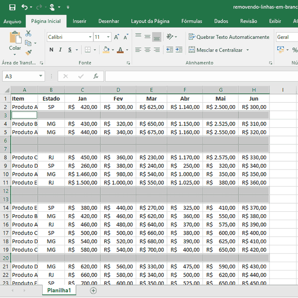 Removendo linhas vazias no Excel