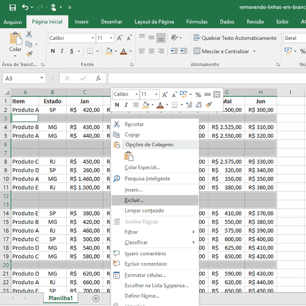 Removendo linhas em branco no Excel