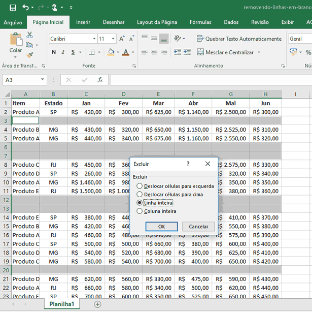 Removendo linhas em branco no Excel