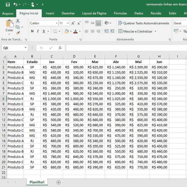 Removendo linhas em branco no Excel