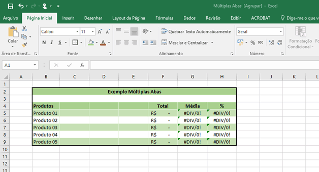 Planilha com as fórmulas digitadas