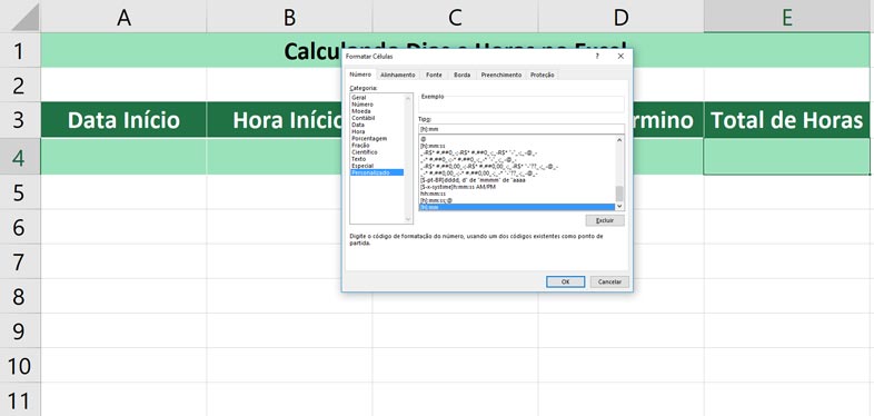 Calculando dias e horas no Excel - Formatando a hora