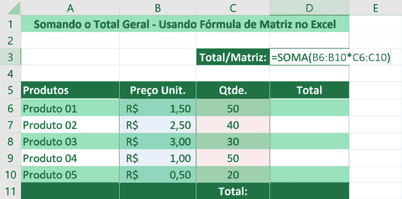 Somando usando fórmula de matriz no Excel