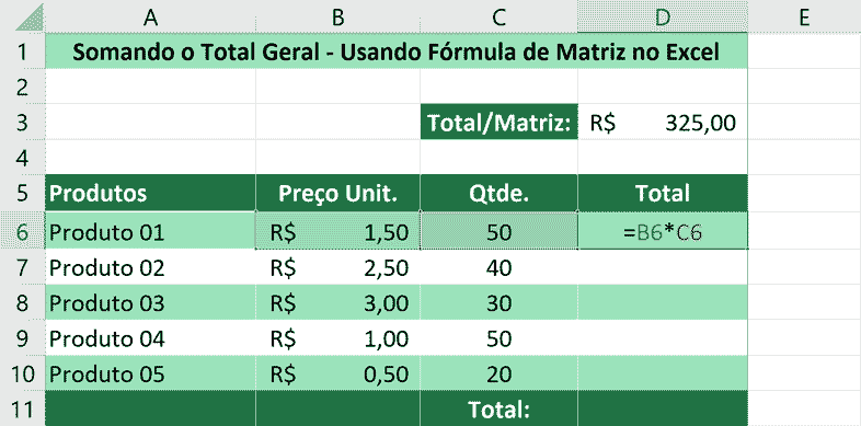 Somando usando fórmula de matriz no Excel - Fórmula Simples