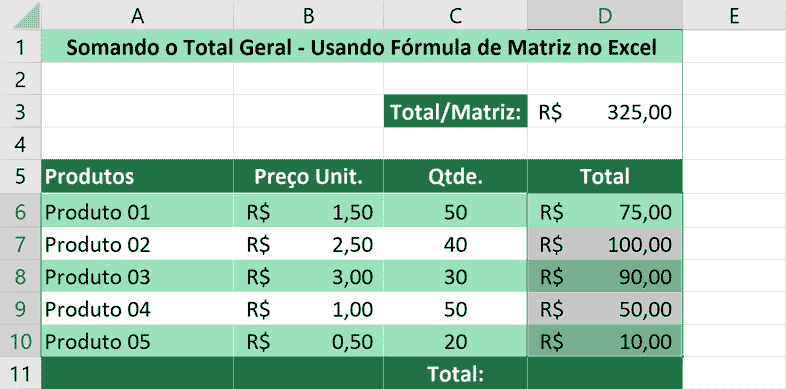 Somando usando fórmula de matriz no Excel - Total