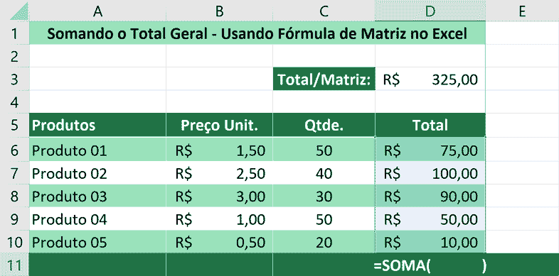 Somando usando fórmula de matriz no Excel - Total