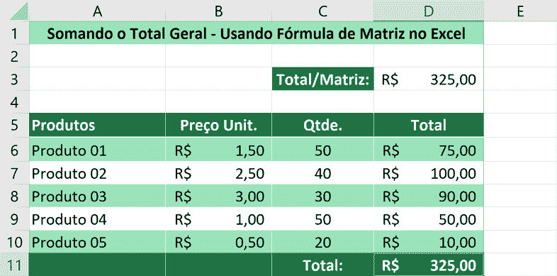 Somando usando fórmula de matriz no Excel - Total