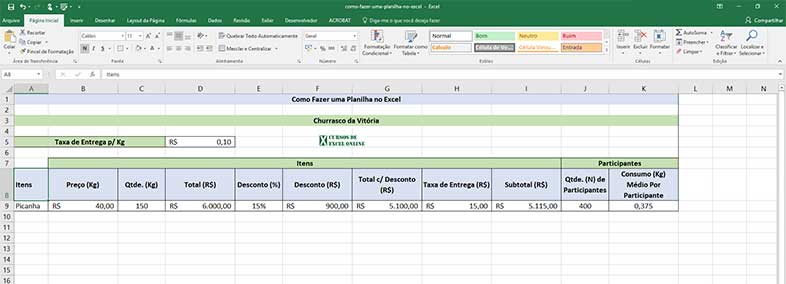 Resultado final do alinhamento na Vertical (no Meio) e planilha completamente pronta