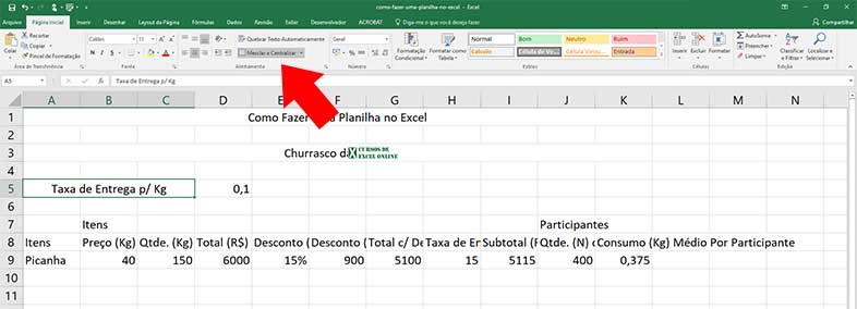 O recurso de mesclagem de células é muito utilizado