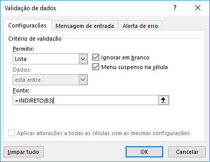 Lista Suspensa com critérios condicionais dependentes usando a função Indireto