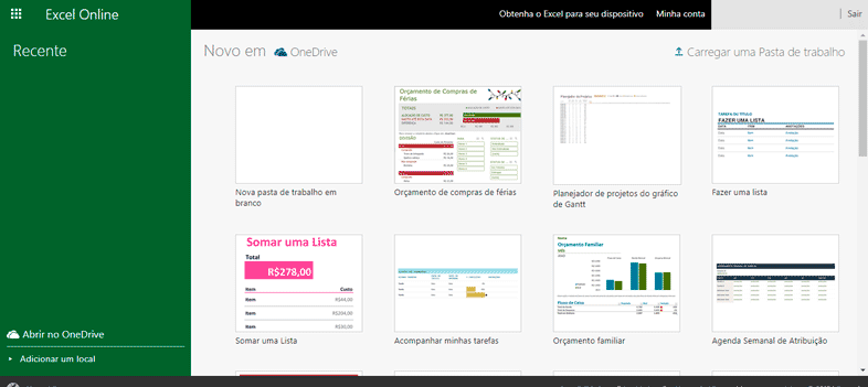 Excel Online - Documento recente ou abrir uma nova planilha