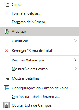 Atualizando a tabela dinâmica com o botão direito