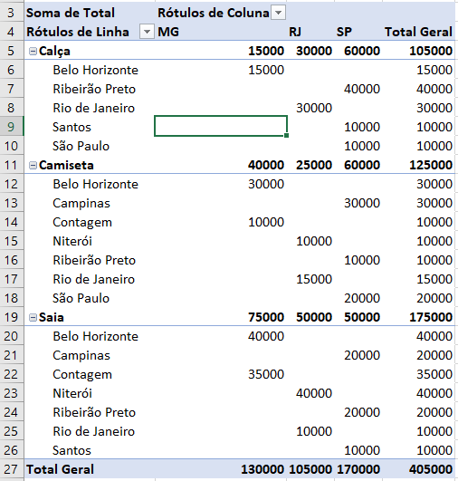 Visualização do campo cidade