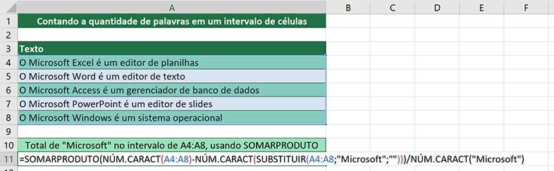 Contando a quantidade de uma palavra específica em um intervalo de células - Criando a fórmula