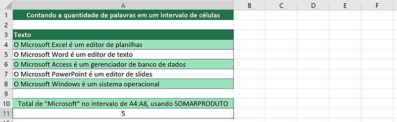 Contando a quantidade de uma palavra específica em um intervalo de células - Resultado Final