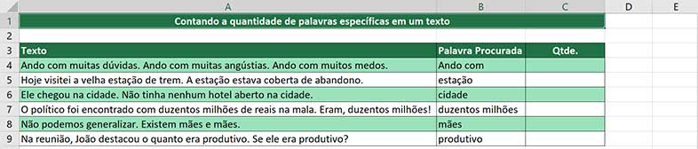 Contando a quantidade de uma palavra específica no Excel