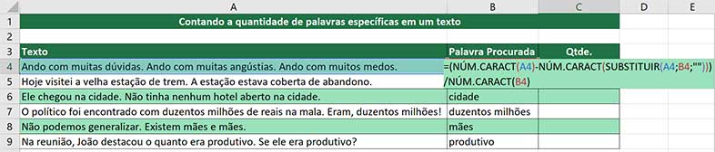 Contando a quantidade de uma palavra específica no Excel - Fórmula