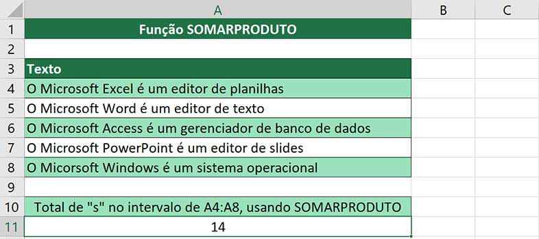 Contando a quantidade de vezes que um carácter aparece em um intervalo de células - Resultado