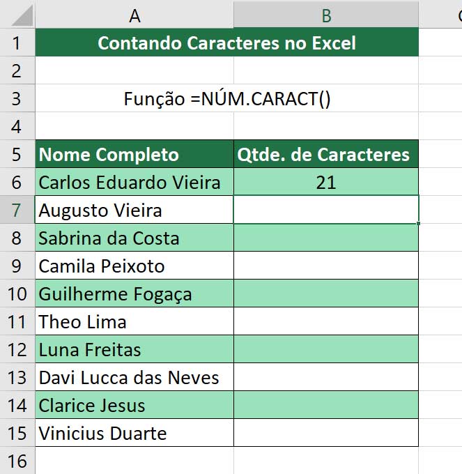 Função NÚM.CARACT - Resultado